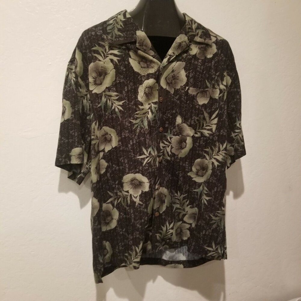 Half Moon Bay Mens Floral Camp Shirt Large Brown Button Up Short Sleeve Rayon